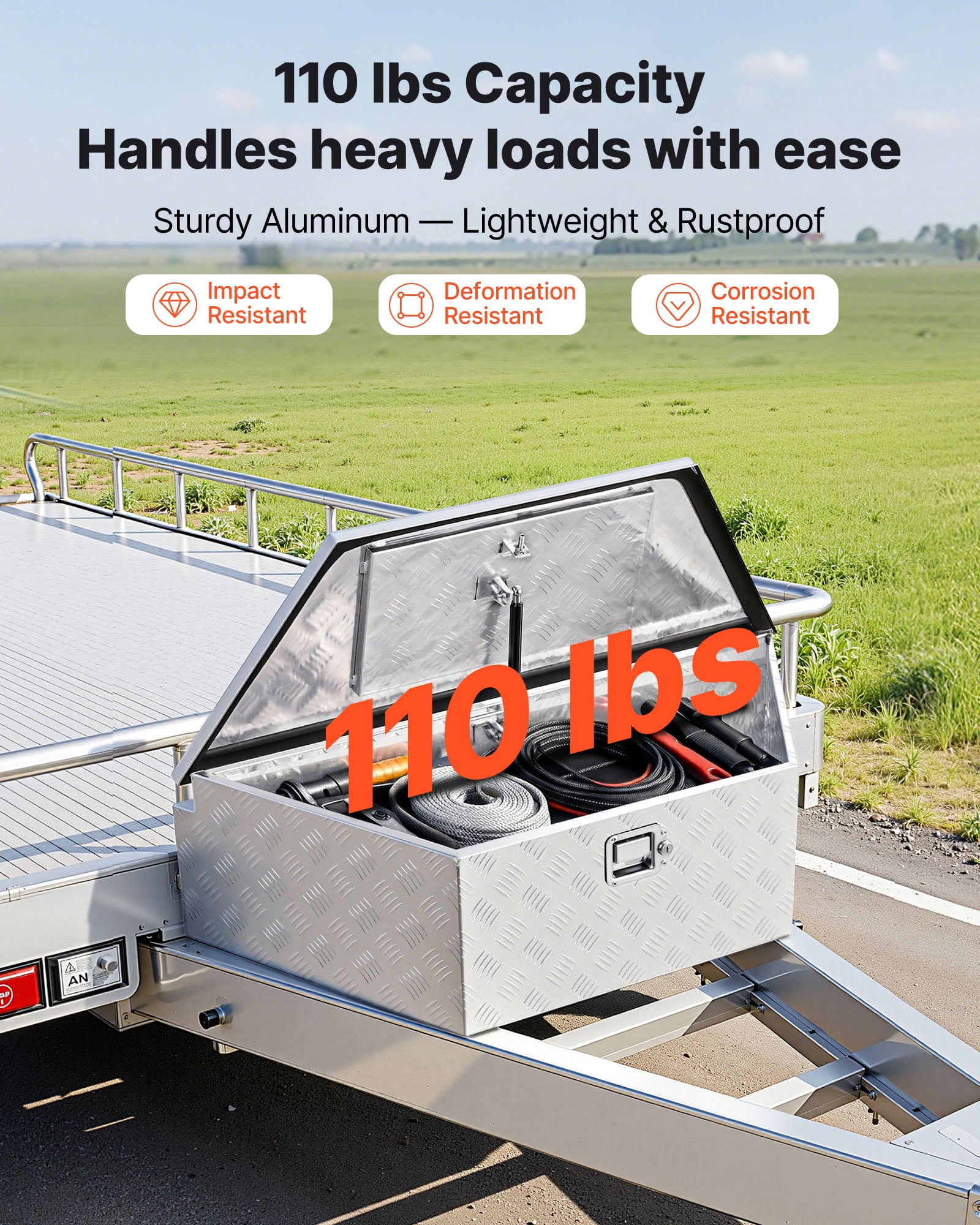 VEVOR Trailer Tongue Box, 39" x 16.5" x 12" Aluminum Trailer Tongue Tool Box, Heavy Duty Storage Organizer with Lock & Keys, Utility Tool Chest for Pickup Truck Bed, RV, SUV, Off-Road Vehicle, Silver