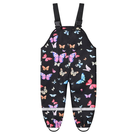 Toddler Waterproof Jumpsuits Girls Butterfly Rainwear Adjustable Strap Overalls Outdoor Printed Unisex Casual Jumpsuit, Black, 4 Years