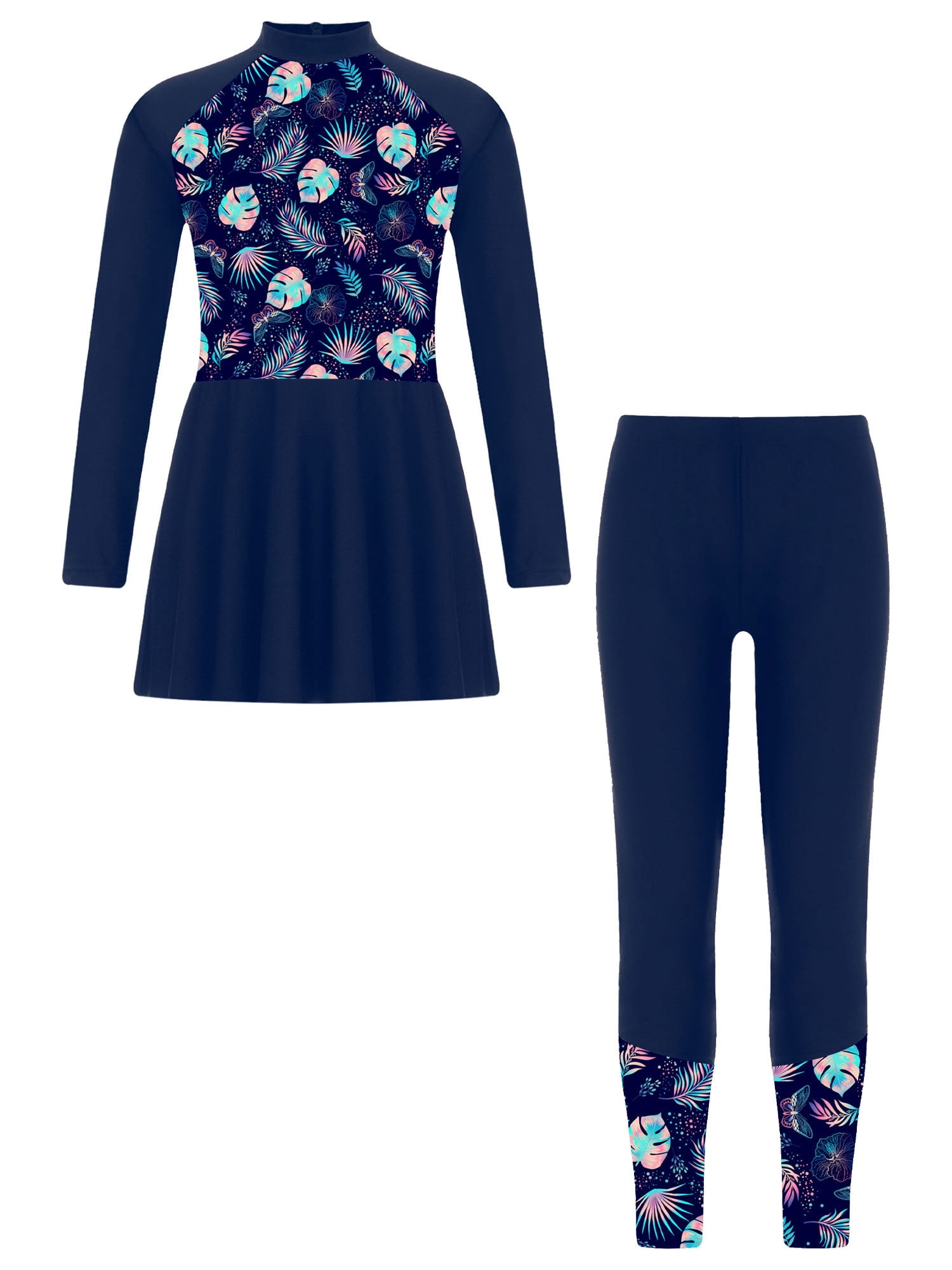 Kids Girls Full Cover Burkini Swimsuit - UPF 50+ Hooded Swimsuit With Leggings For Sun Protection