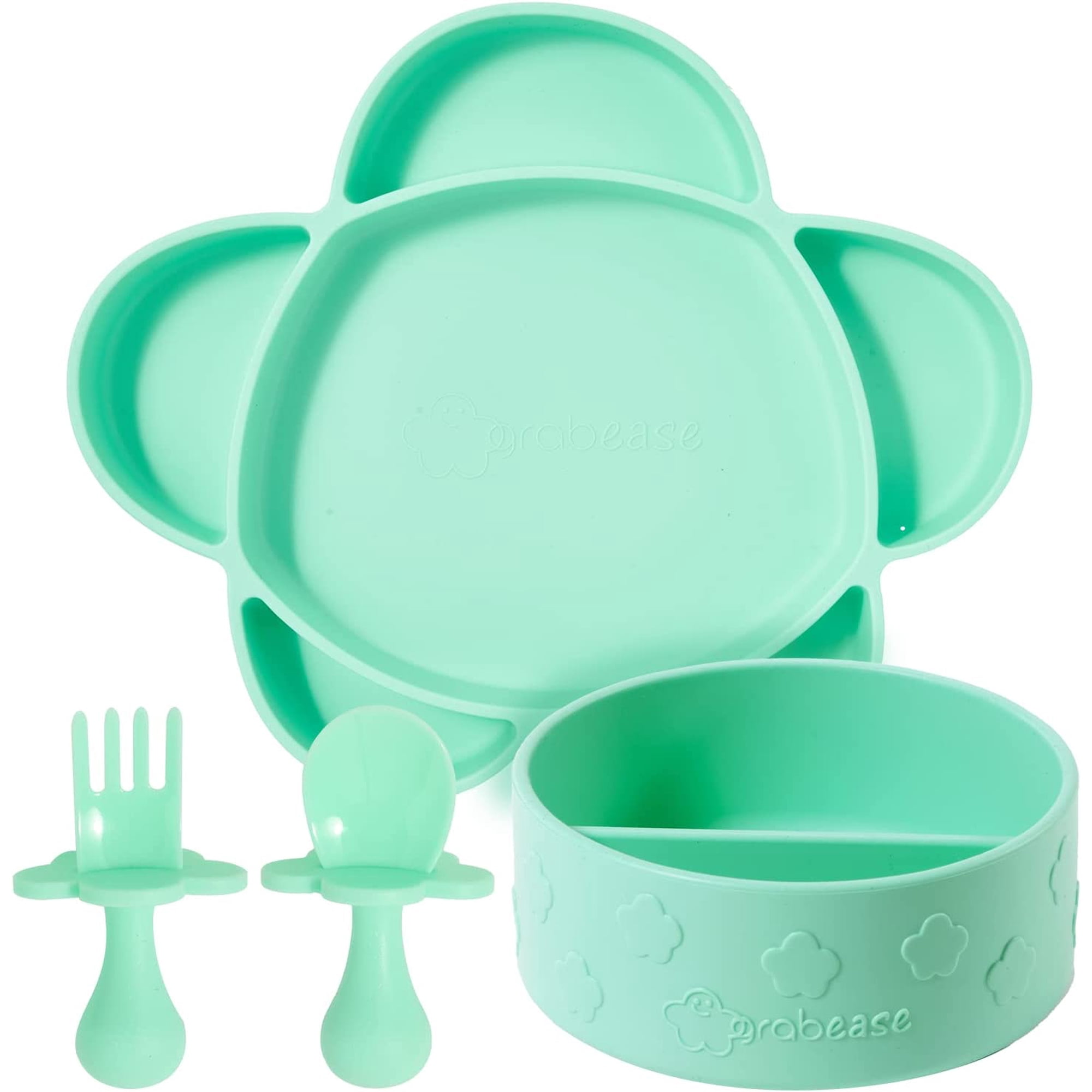 Grabease Baby Plates and Bowls Set - Essential Baby-Led Weaning Supplies for Portion Control and Self-Feeding - Suction Bottoms 4 Piece Set, BPA and Phthalates-Free, Mint