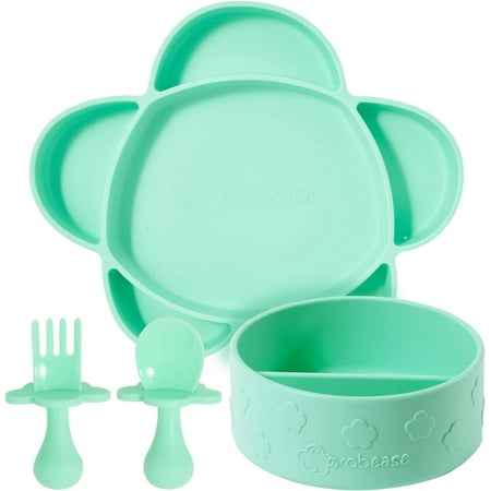 Grabease Baby Plates and Bowls Set - Essential Baby-Led Weaning Supplies for Portion Control and Self-Feeding - Suction Bottoms 4 Piece Set BPA and Phthalates-Free Mint
