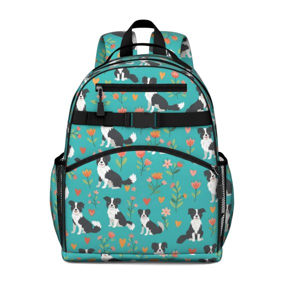 Border Collie and Floral Blue Pattern Cute School Backpack Bag for School with Padded Back and Adjustable Shoulder Straps 15.25"x11.5"x5.25"