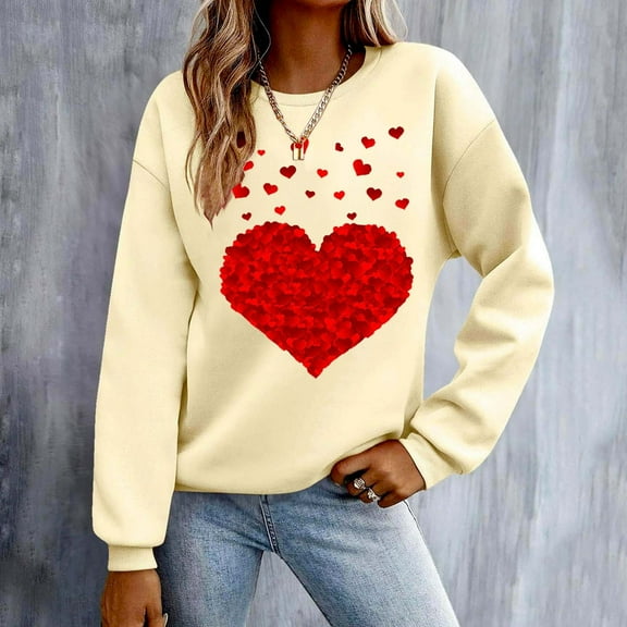 Xixinqiwan Women's Hoodies Valentine's Sweatshirt,Womens Heart Print Crewneck Heart Graphic Shirt Lightweight Comfortable Sweatshirt Long Sleeve Pullover Hoodless Sweater