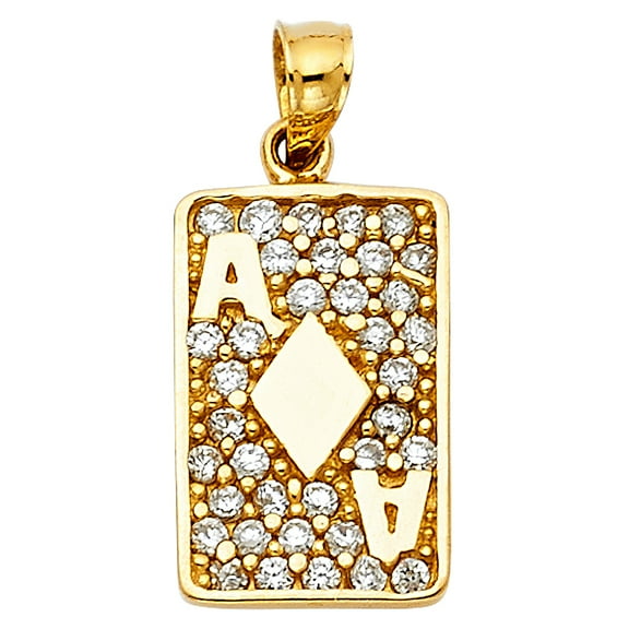 14k Yellow Gold Clear CZ Ace of Diamonds Pendant A Playing Card Poker Charm Jewelry Female