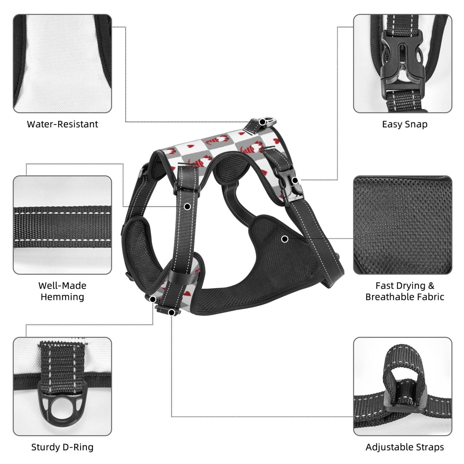 Vsdgher Gnomes and Hearts Pattern Dog Harness,No Pull Pet Harness with Soft Padded Handle,Adjustable Reflective Vest with 2 Buckles,4 Slide Buckles,S-XL Small