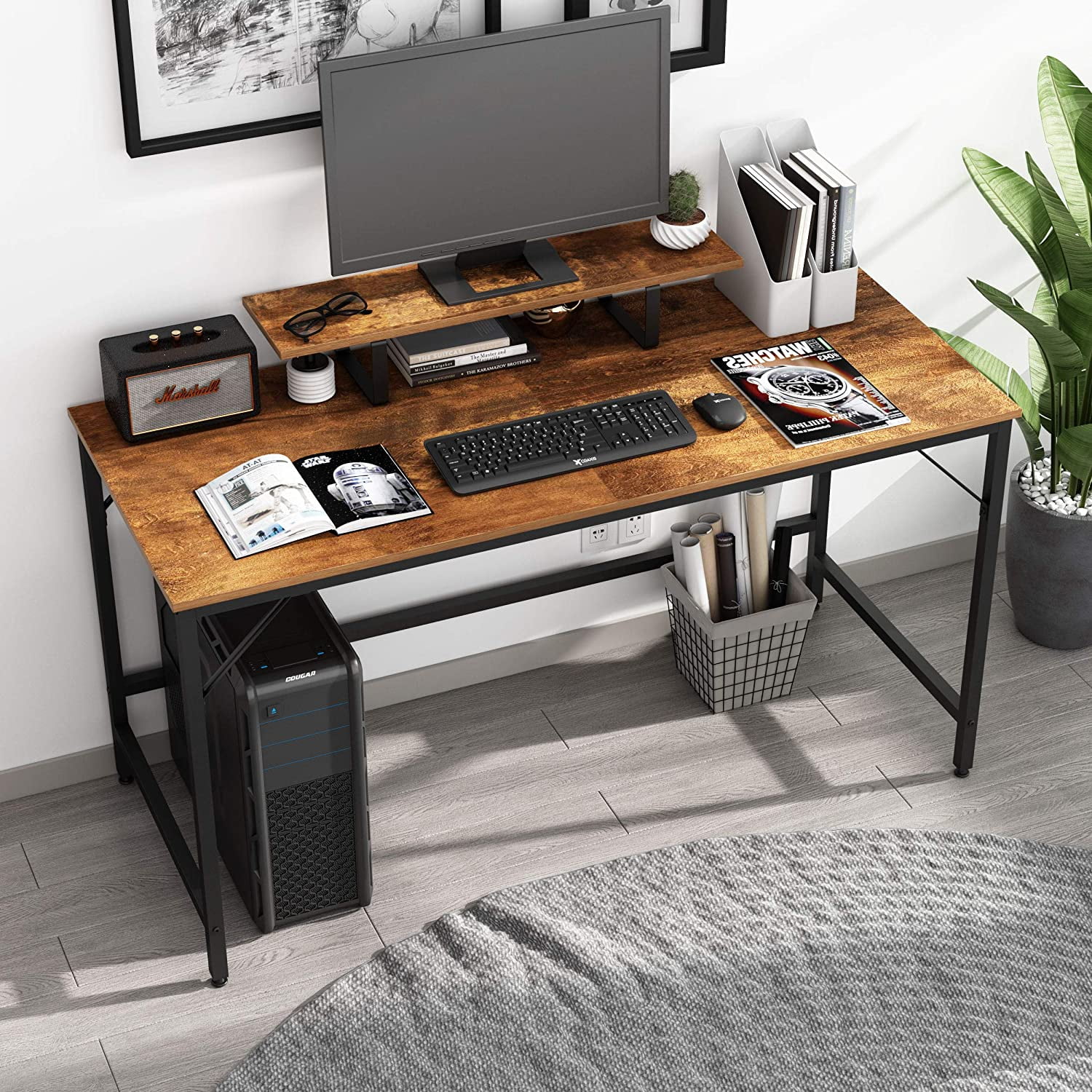 JOISCOPE Computer Desk Vintage Oak Finish Laptop Desk with Storage Shelves ，Wood and Metal,Industrial Table for Home Office,47inches,120cm 