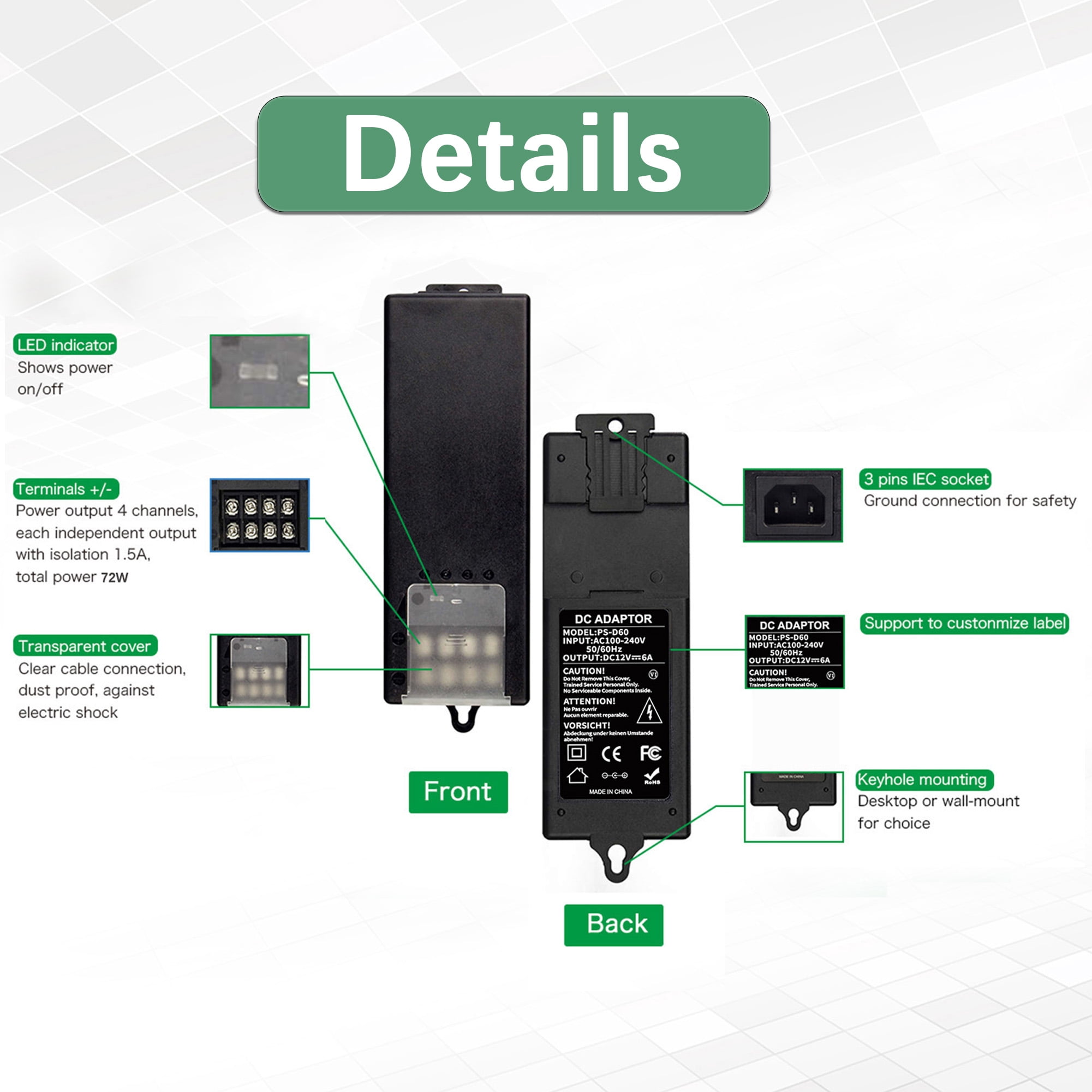 UltraPoE 4 Channel CCTV Camera Power Supply 6A 12V Din-Rail Mounting Distribution Power Adapter with PTC Fuse