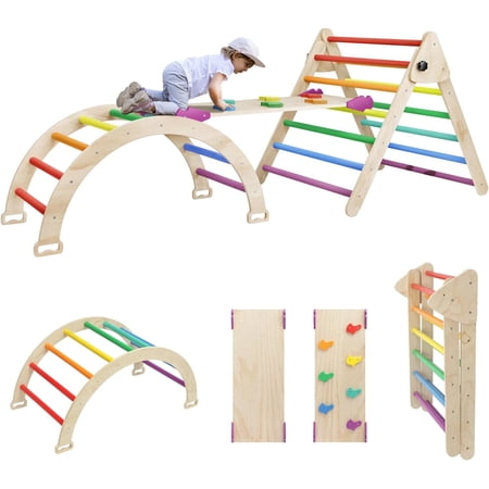 EDOSTORY 5 in 1 Pikler Triangle Set, Indoor Playground and Gym for Kids, Foldable Wooden Montessori Climbing Set Triangle Ladder Set with Slide and Climbing Ramp, Gift for Boys Girls(Rainbow)