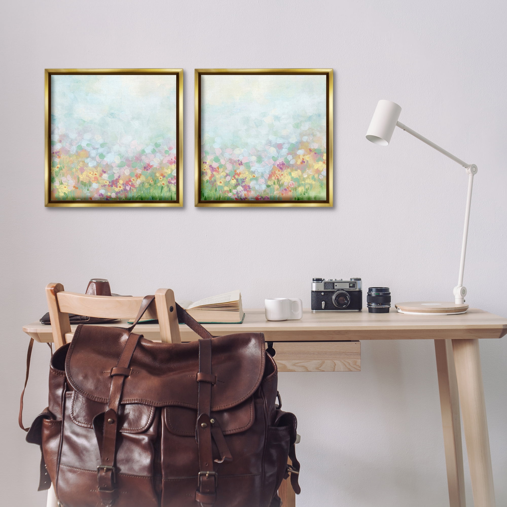 Stupell Industries Pastel Spring Flower Field Abstract Painting Gold Floater Framed Canvas Art Print Wall Art, 18 x 18, Set of 2
