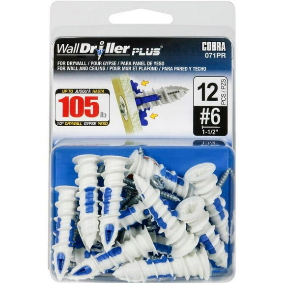 6 WallDriller Plus Anchors - avec Vis, Pack de 12