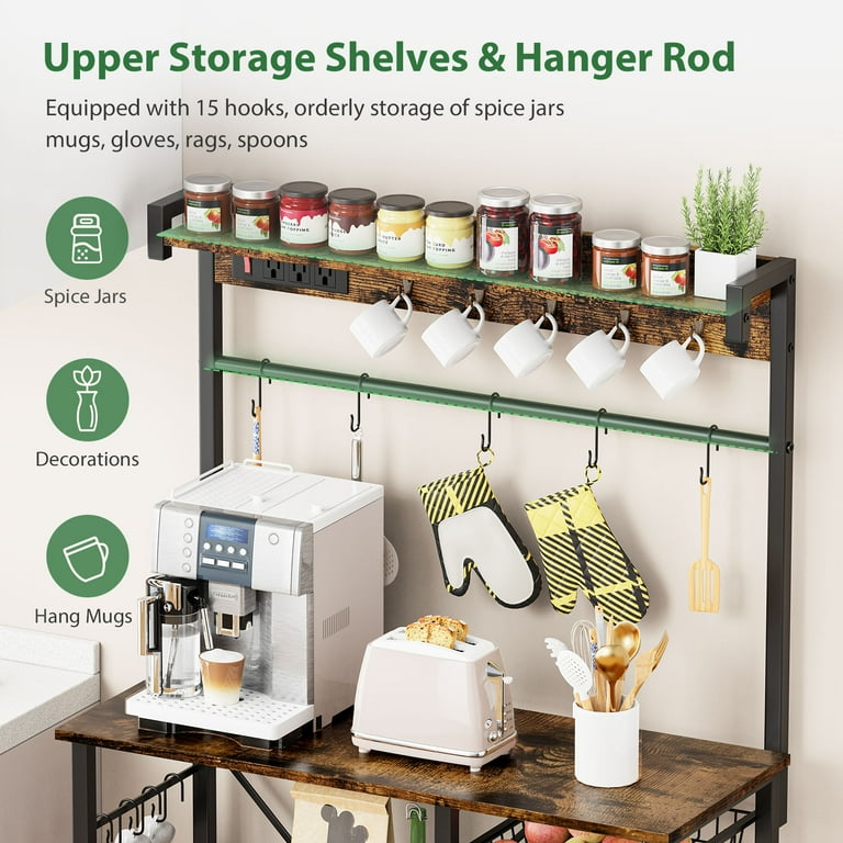 Biemlerfn 39.8 Bakers Rack Power Outlets 5Tiers Table 3 Baskets 15 Hooks Microwave Stand Rustic Brown Walmart