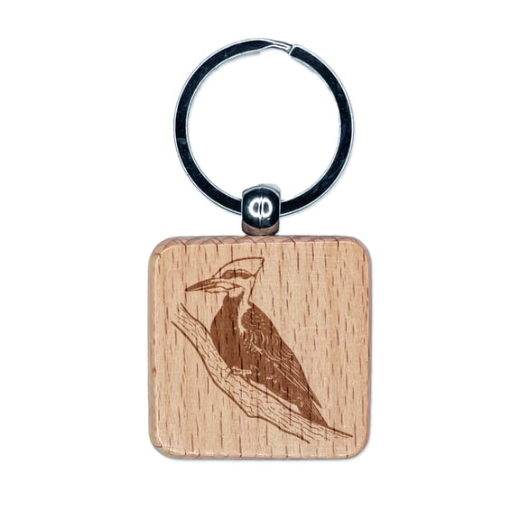 Pileated Woodpecker Bird on Branch Square Keychain Charm Tag - Engraved Wood