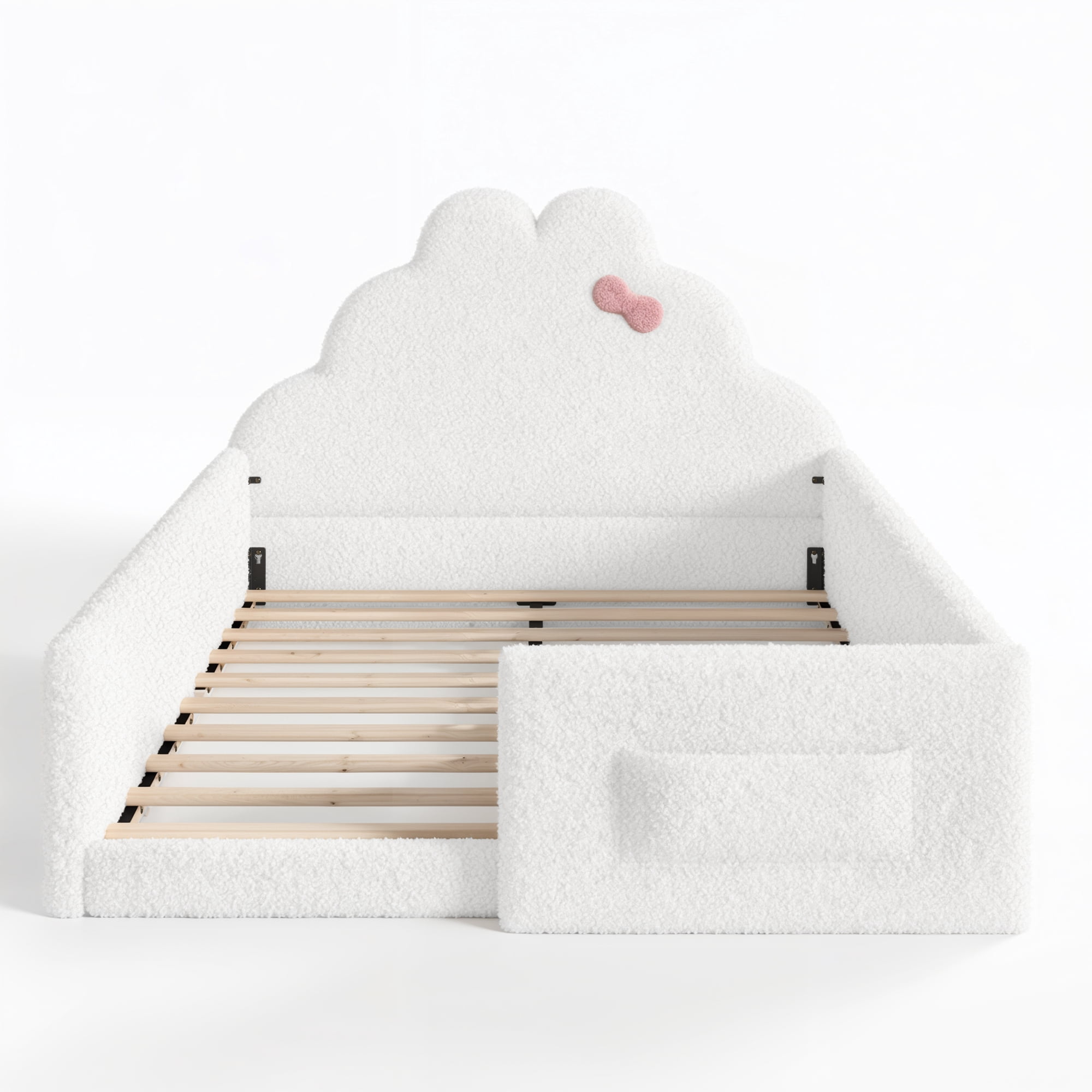 HOQBN Full Size Upholstered Floor Bed Frame, Soft Padded Upholstered Kids Bed, Safe Children Bed Frame with Side Storage Pocket for Bedroom White