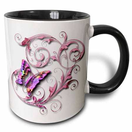 

3dRose Golden accented vines and pretty multi colored butterfly - Two Tone Black Mug 11-ounce