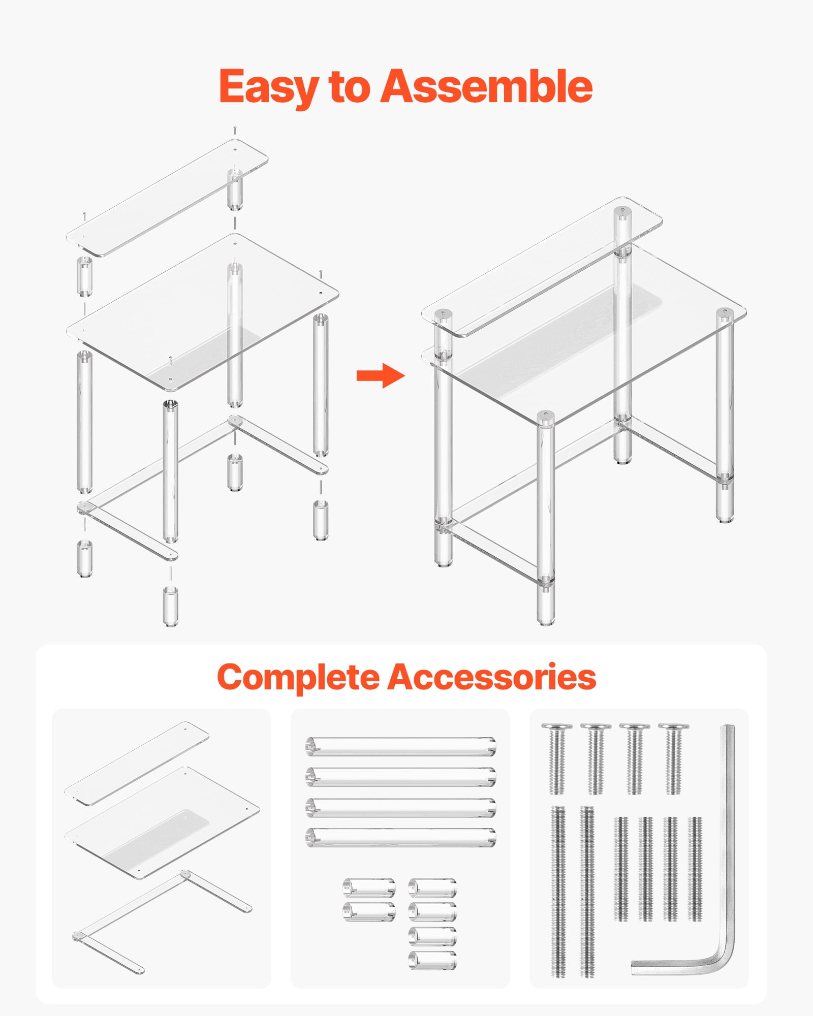 VEVOR Acrylic Table, 2 Tiers Clear Office Desk with Monitor Stand, Acrylic Study Computer Desk, Modern Side End Table Nightstand for Bedroom, Office, Study, Cloakroom, 19.7 x 31.5 x 34.7 in (Clear)