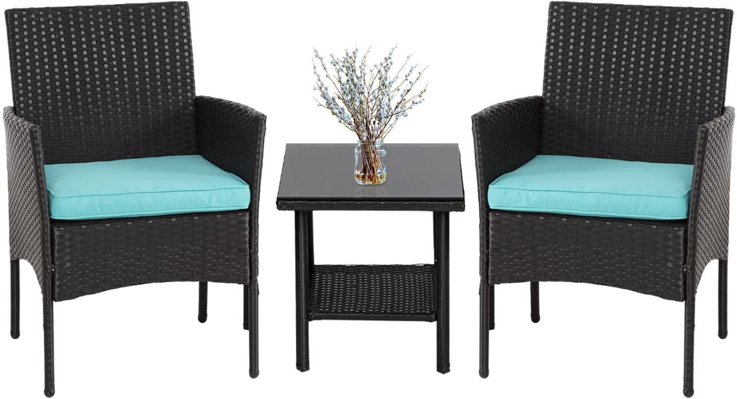 FDW 3 Pieces Outdoor Patio Furniture Wicker Table and Chairs Set Bar Set with Cushioned Tempered Glass,Blue