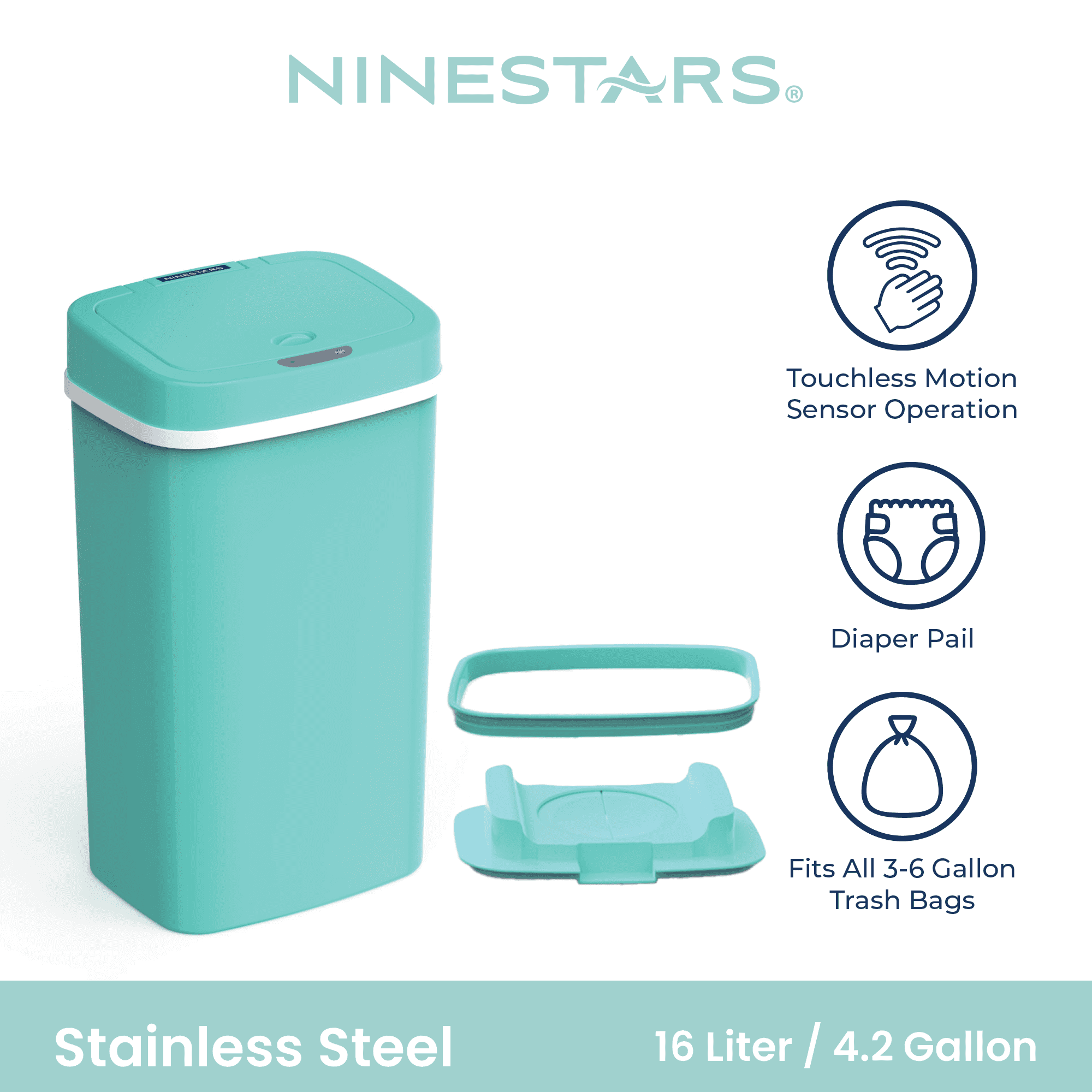 Nine Stars Automatic Nursery Trash Can, 4 Gallon Plastic, Motion Sensor Soft Close Lid Garbage Bin, Teal