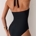 thumbnail image 2 of SWSMCLT Women's One Piece Bathing Suit Cheeky Shirred Waist Spring Break Beachwear Brief Chic Deep V Neck Halter Black 20, 2 of 5