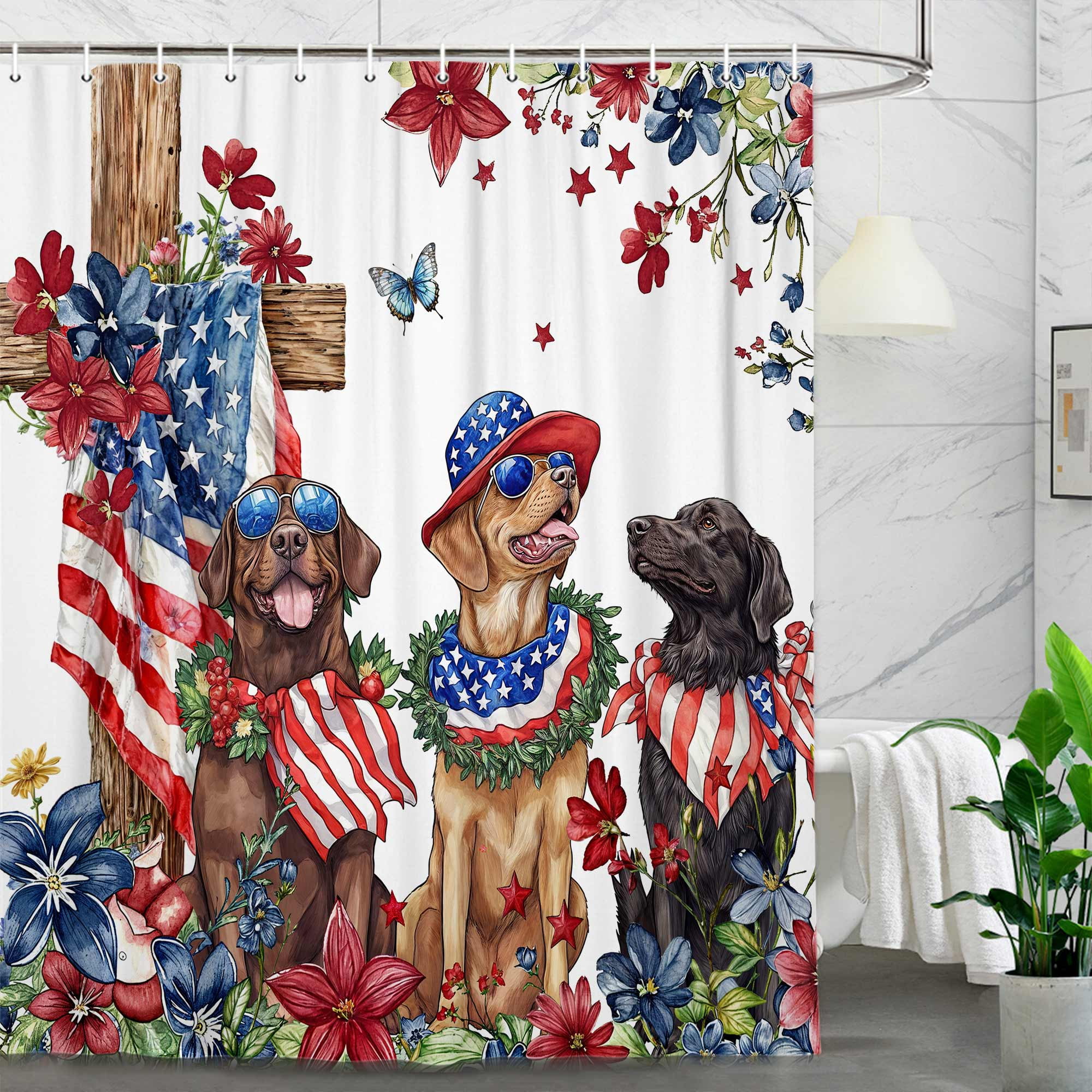4th of July Dog Shower Curtain, Red White and Blue Patriotic Memorial American Flag Independence Floral Shower Curtain Sets, Rustic Holiday Waterproof Fabric Bath Curtains with Hooks, 60X70in