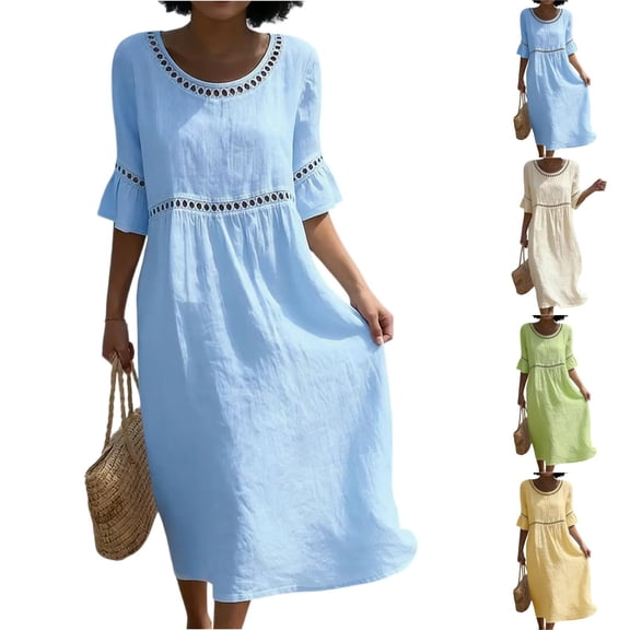 HAJWOH Dresses for Women 2026 Cotton Linen Summer Dresses Half Sleeve Beach Boho Eyelet Lace Trim Flowy Maxi Sundresses