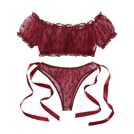 (2-Pack) Puawkoer Flowers Embroidery Top Thong Valentines Lingerie Set Sleepwear Underwear Women Lingerie Moss Maternity Robe Lace Fringe Romper Negligee Sexy Bustier L