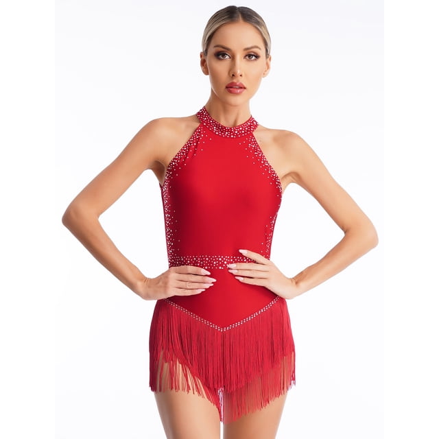 iiniim Robe de Danse à Franges pour Femmes Col Licou à Franges Costume de Danse Latine de Salon Rumba Salsa Bourgogne G
