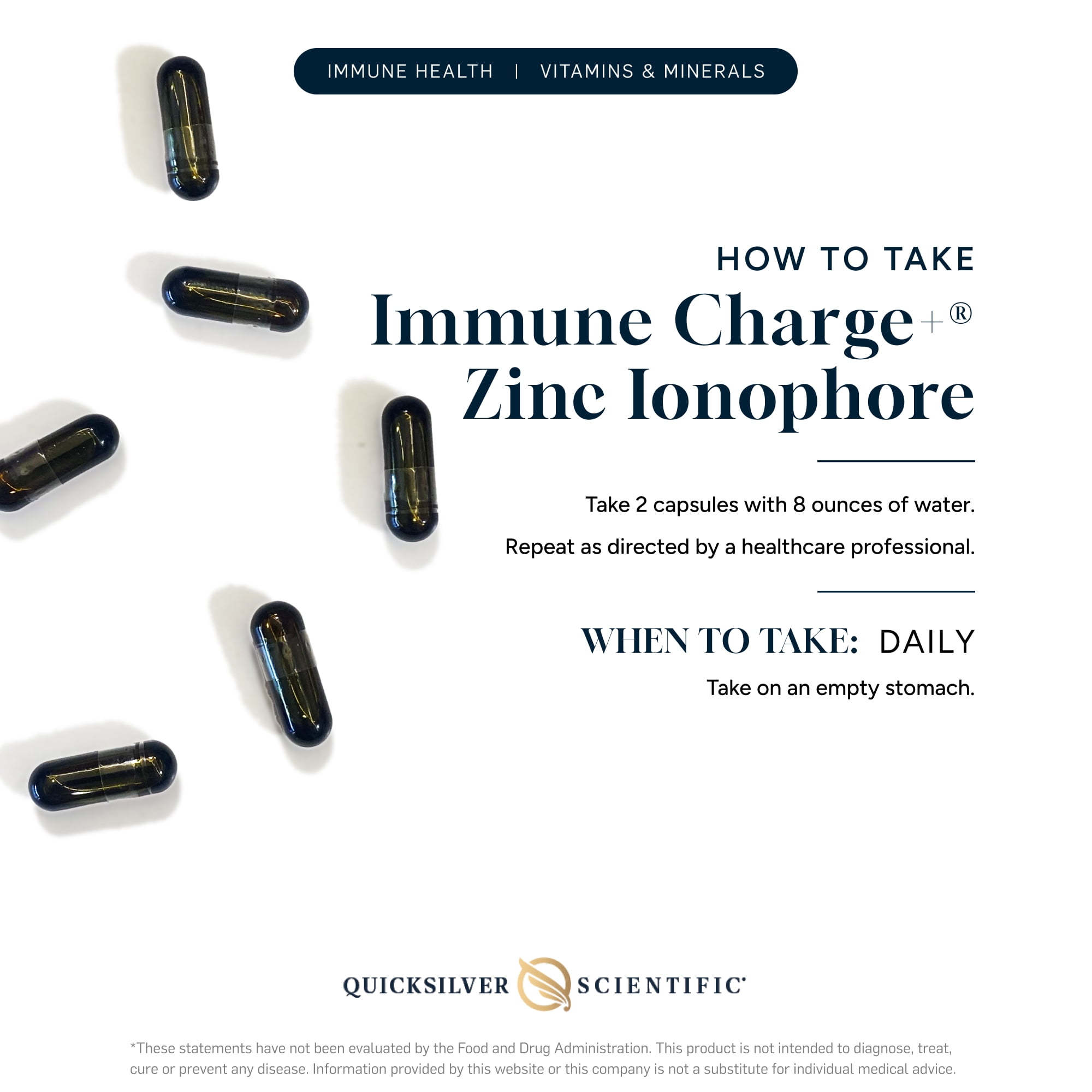 Quicksilver Scientific Immune Charge+ Zinc Ionophore - Zinc Supplement Complexed with Quercetin, Luteolin, Hesperetin Immune + GI Support (60 Capsules)