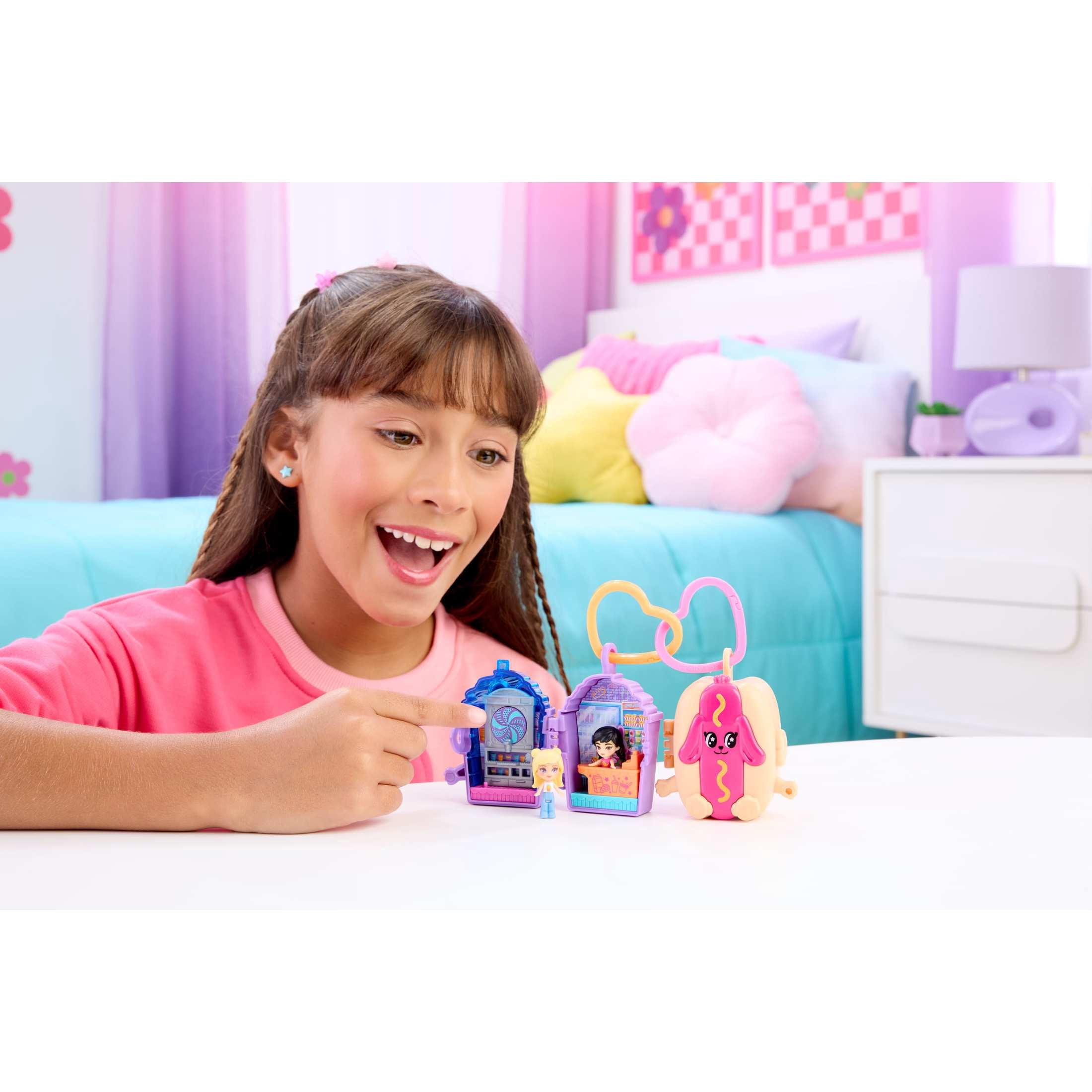 Polly Pocket Doll & Mini Compact Duo, Food-Themed Micro Playsets with 2 Dolls & 2 Keychain Clips