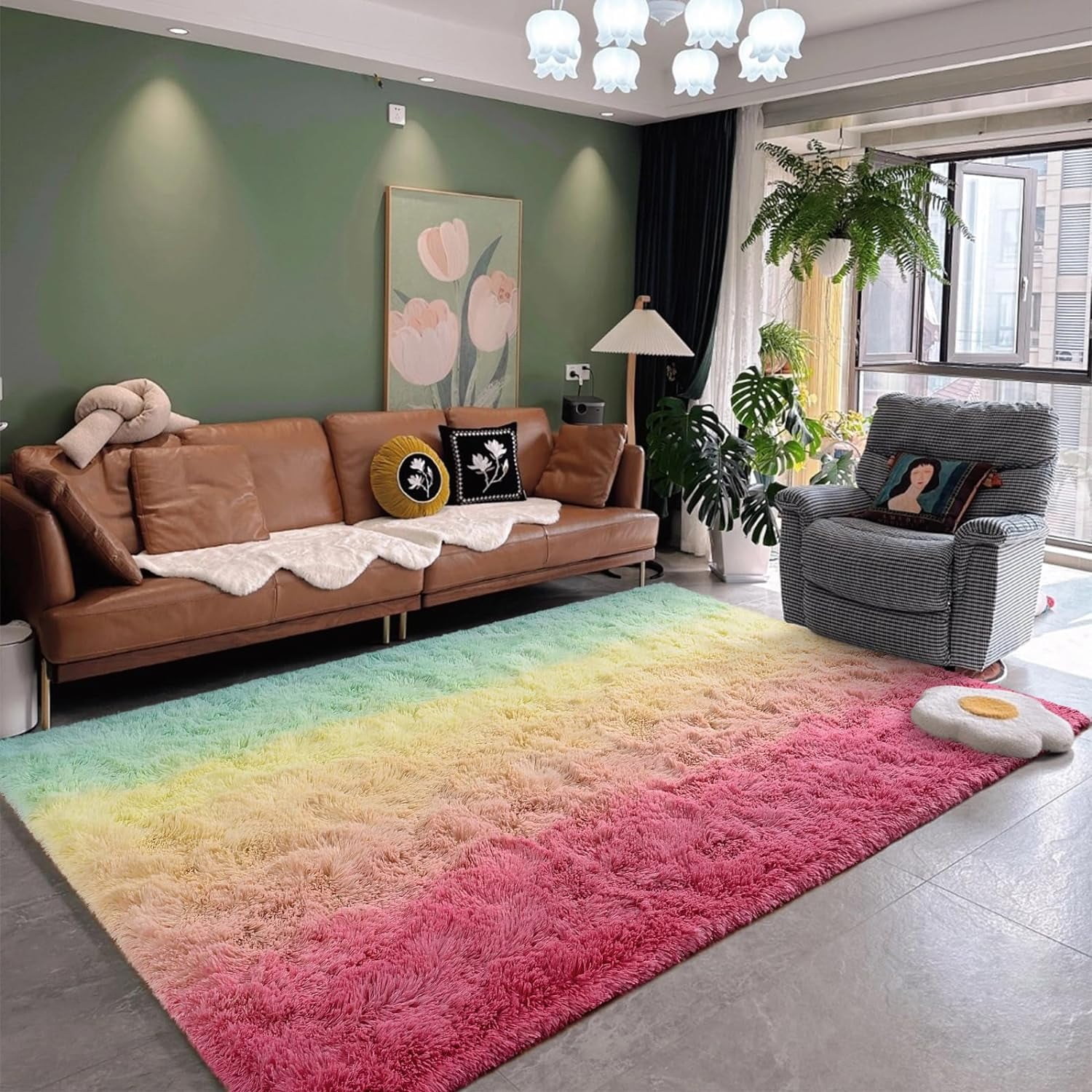 Junovo Gradient Modern Rugs Shaggy Rug Carpets for Bedroom, Living Room,Kids Room,5'x8',Green/Pink