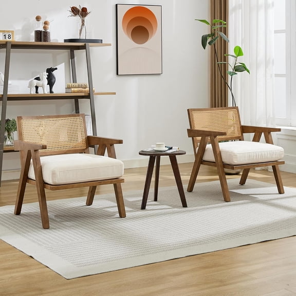 Accent Chair Modern,Comfy Living Room Chairs with Sturdy Wood Legs,Rattan Backrest,Cushion,Armchair
