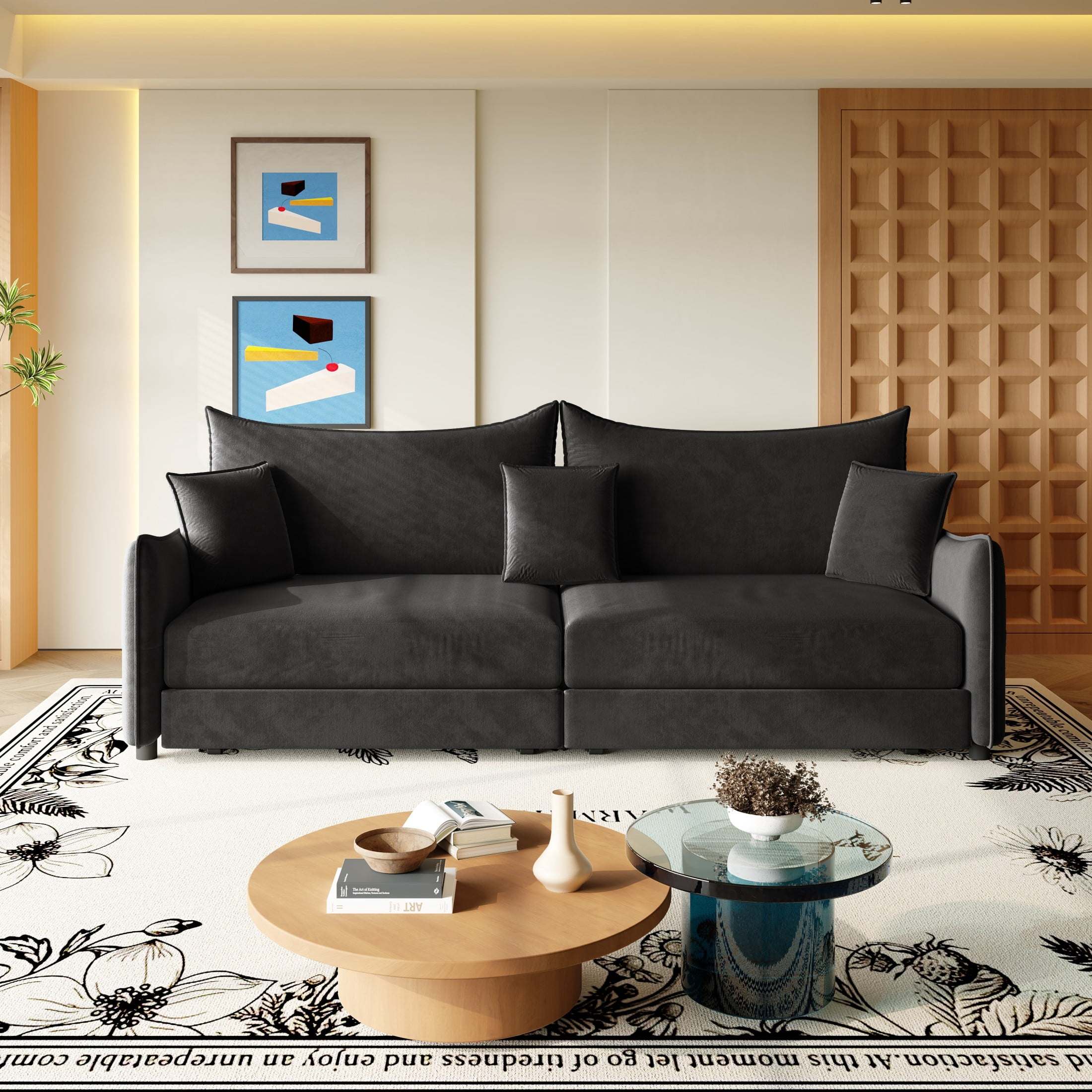 Noble House Abriel King Pull Out Sleeper Sofa Bed, Modern Velvet 3-in-1 Convertible Couch with Pillows, Black