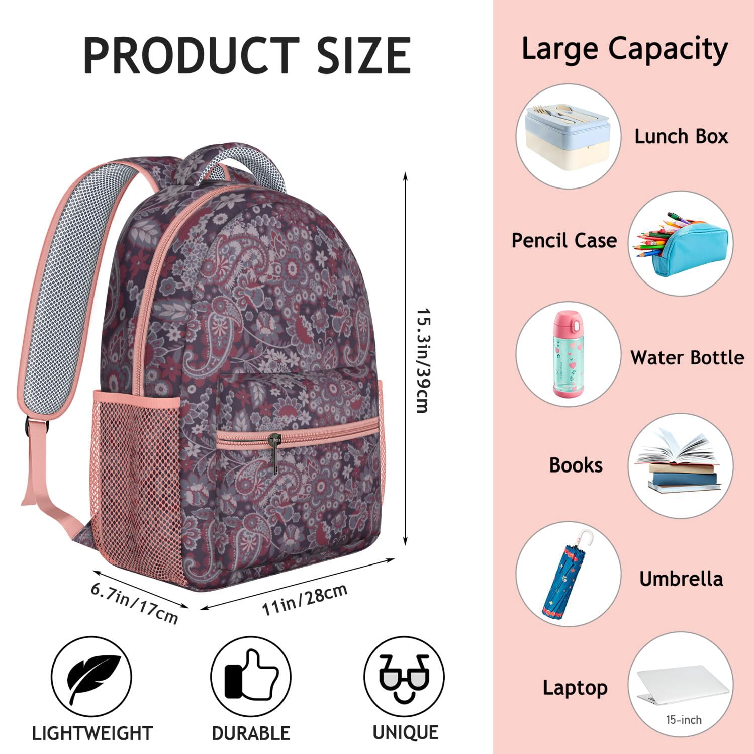 Artistic Waterproof School Backpack - Vintage Paisley Floral Print & Breathable Mesh Straps for Teens