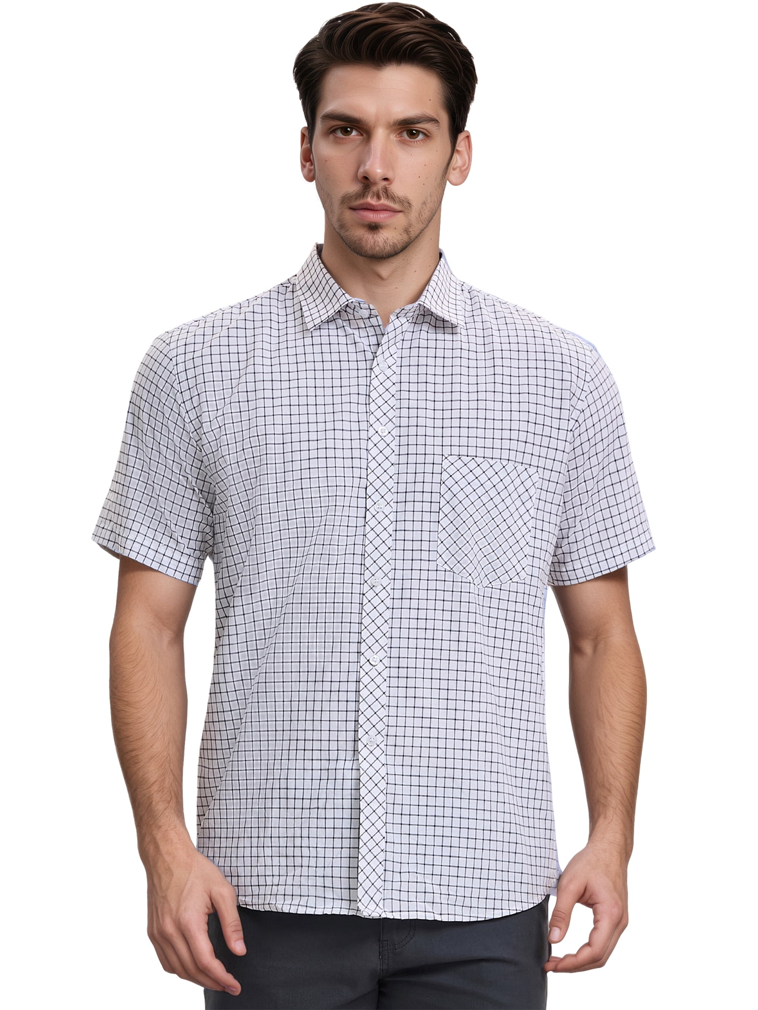 DARING DIVA Men's Plaid Short Sleeved Button Down Business Checked Dress Shirt M Gray