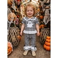 thumbnail image 6 of RUINIXCW Toddler Baby Girl Halloween Outfit Infant Baby Girl Summer Fall Clothes Cute Pumpkin Ghost Embroidery Short Sleeve Plaid Shirt Tops Flared Pants Set, 6 of 9