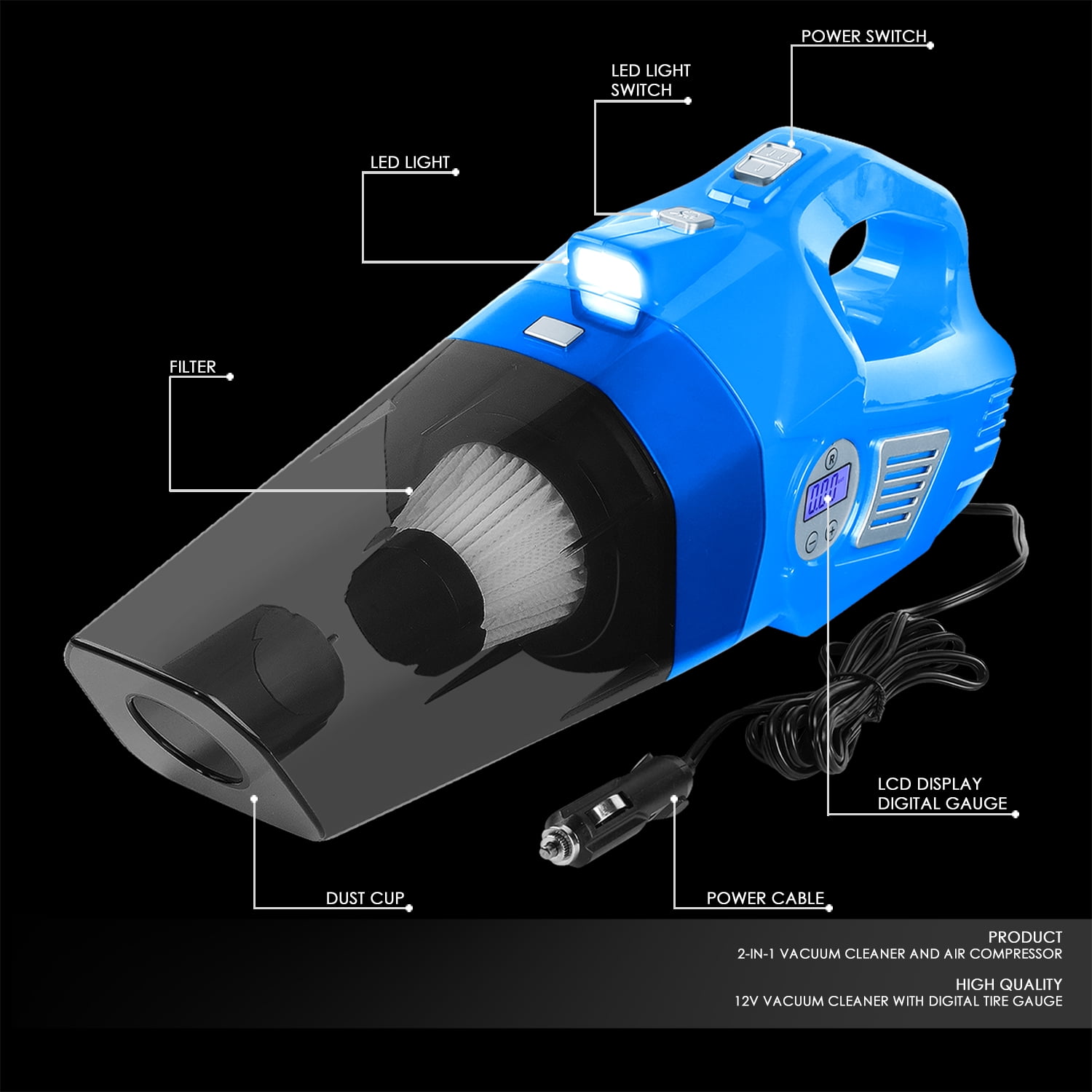 DNA Motoring WMT-TOOLS-00183 12V, 70W, 2 IN 1 Portable Handheld Car Mini Corded Vacuum Cleaner, Blue