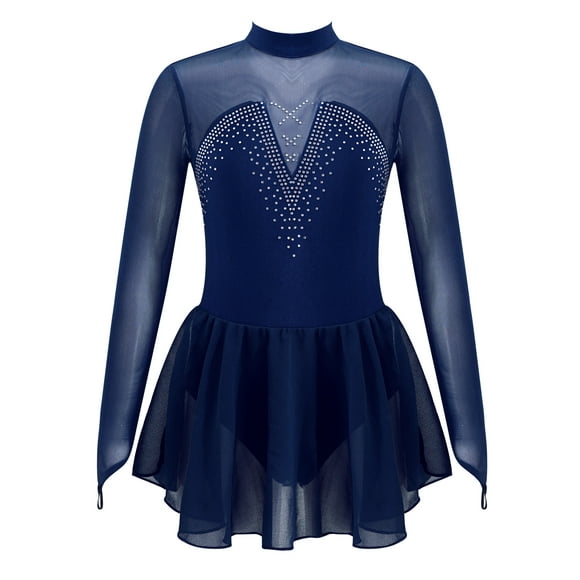 Aislor Little Big Girl Ice Roller Skating Ballet Dress Long Sleeve Rhinestone Mesh Splice Gymnastics Leotard Dance Dress Navy Blue 8
