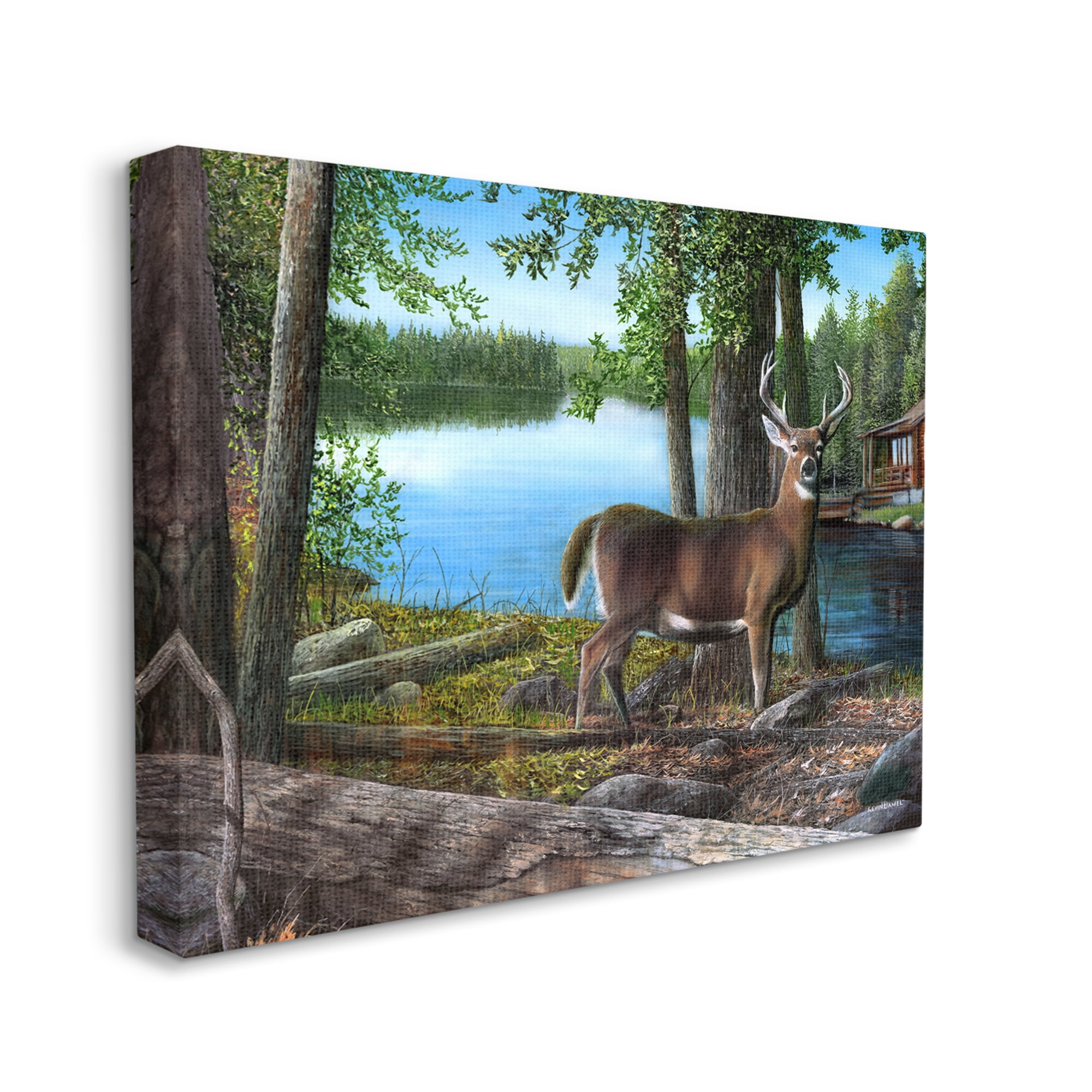 Stupell Industries Deer in Lake Cabin Forest Animals & Insects Painting Gallery Wrapped Canvas Print Wall Art, 48 x 36