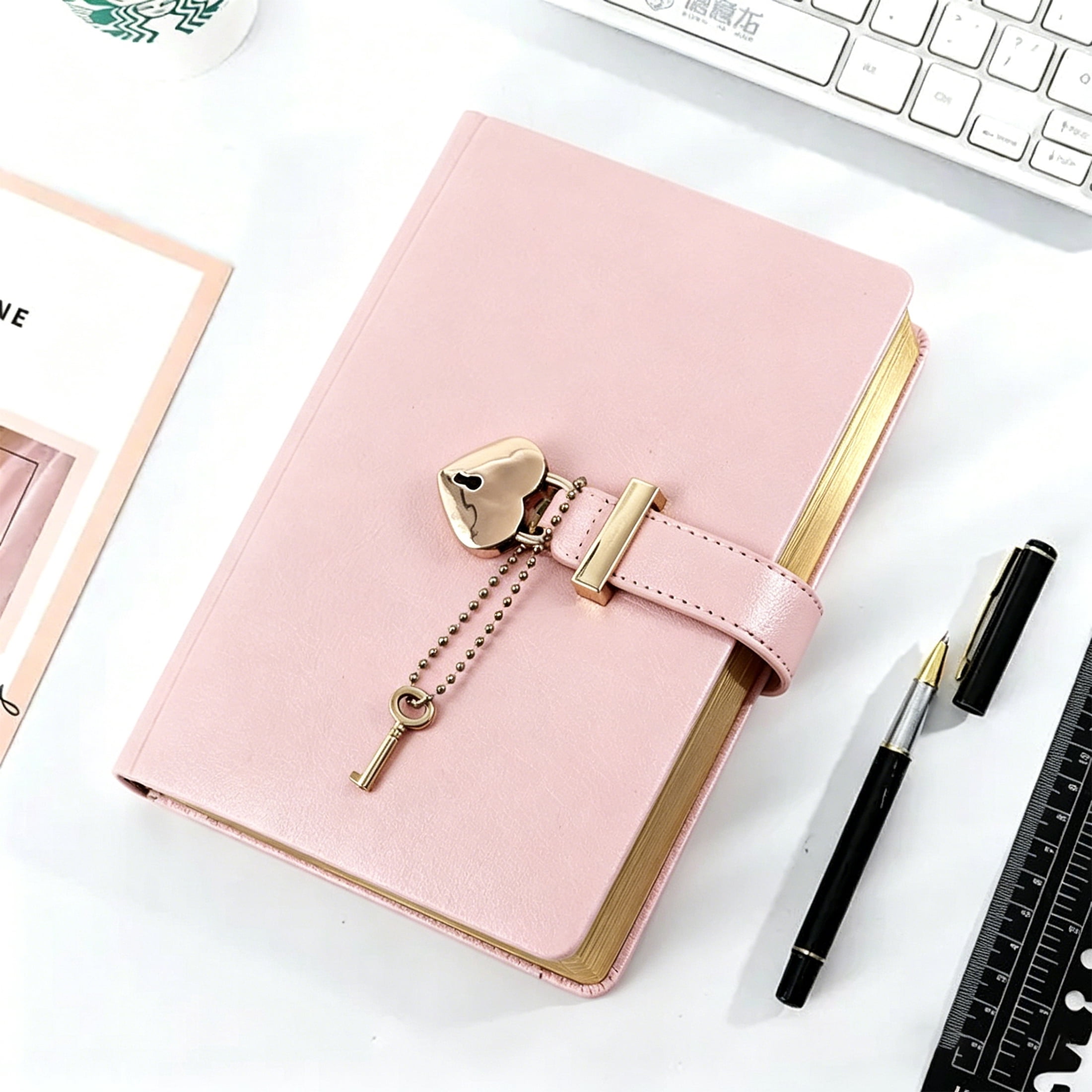 Lock Diary with Keys, B6 PU Leather Journal Notebook with Heart Lock, Lined Writing Journal with 144 Sheets for Personal Writing and Daily Use,Pink