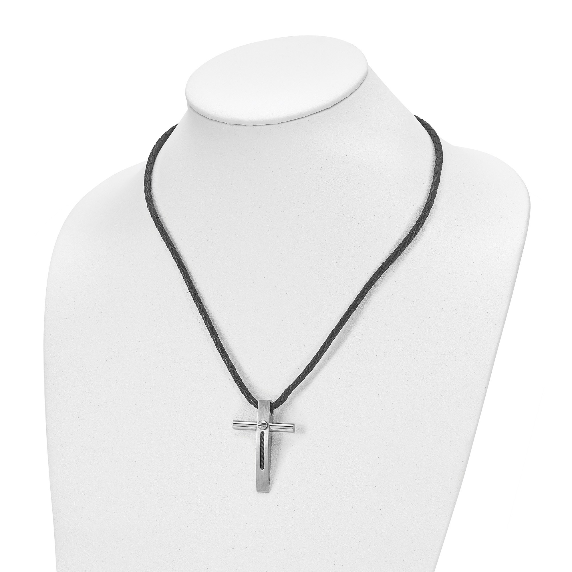 Stainless Steel Religious Cross Pendant Necklace with Blue Inlay, 18 in Leather Cord