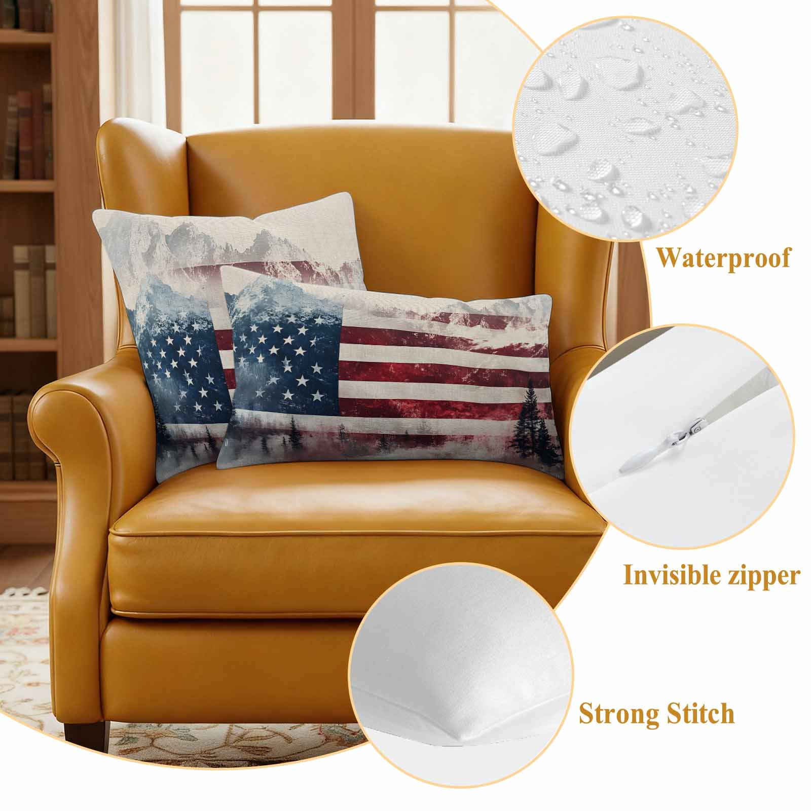 4th of July Outdoor Waterproof Pillow Covers, Forest Independence Day USA Flag Decorative Square Throw Pillowcase Sofa Cushion Sham for Patio/Couch/Chair, 18"x18" 2 Pack