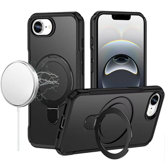 For iPhone 16E (E edition) / SE4 (2025) Matte Finish Simplified Magnetic Ring With Stand Hybrid Case - Black
