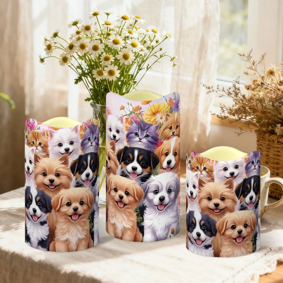 Creativity Printed Flameless Candles with Remote Control, Wave Top Pillar LED Candles for Wedding Holiday Table Home Decorations,Set of 3, Different Sizes