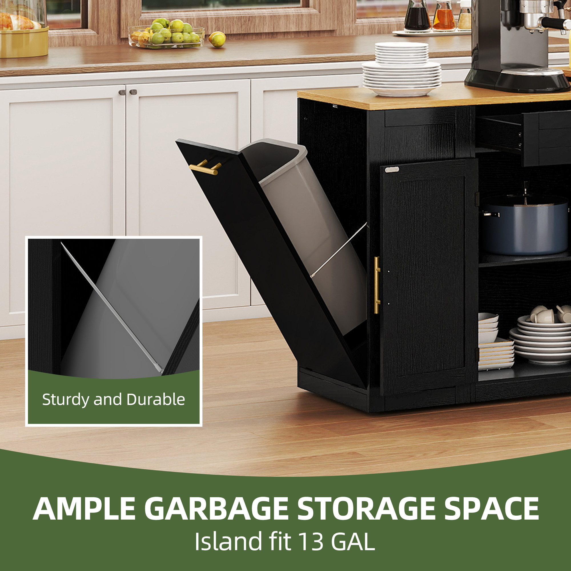 Uforic Extendable Kitchen Island with Power Outlets & 2 Stools, Kitchen Island Cart with Trash Storage Compartment, Black