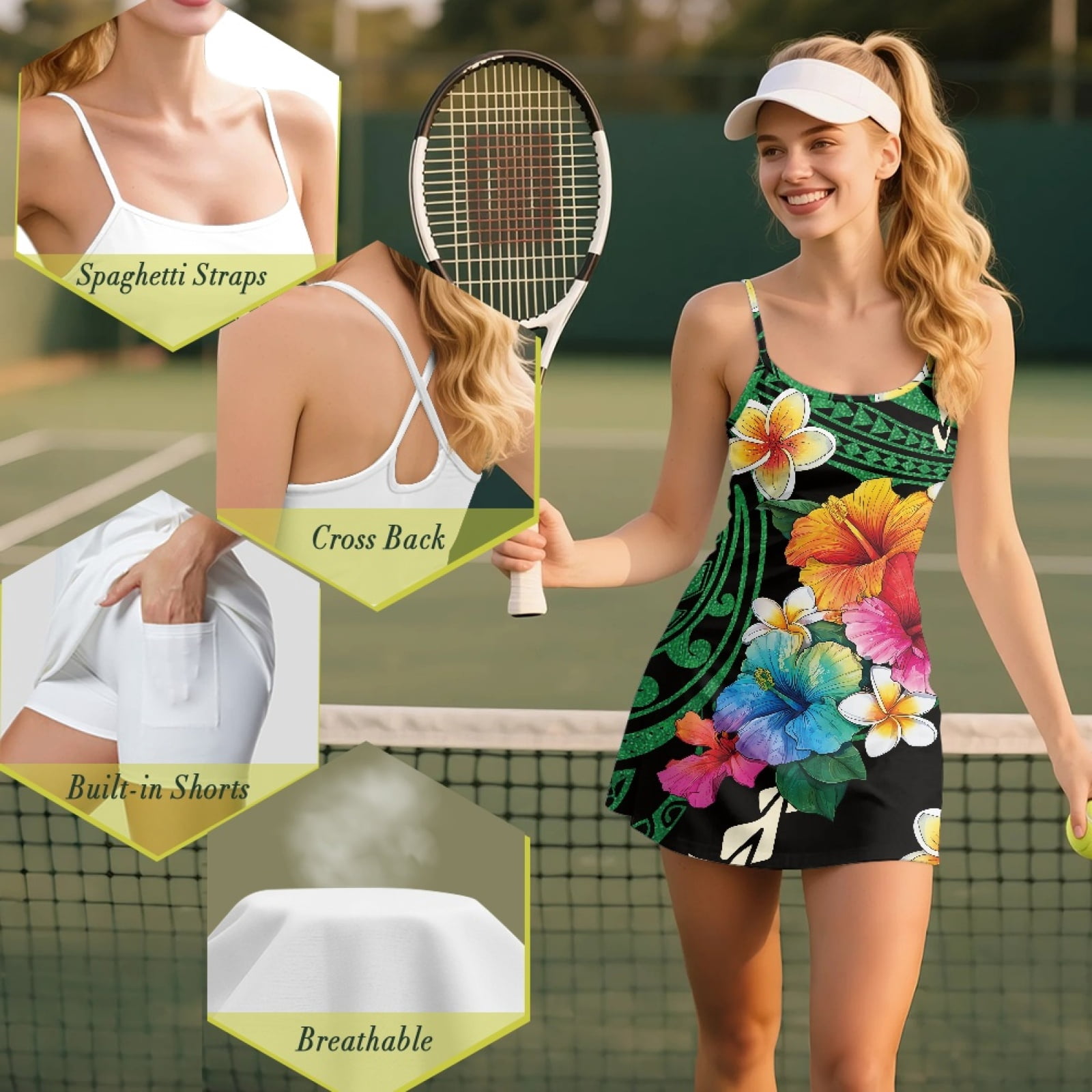 Yuyamidu Green Polynesia Athletic Tennis Dress Built-in Shorts with Pockets, Colorful Hibiscus Sport Dress Cross Open Back Golf Dresses for Women Size S