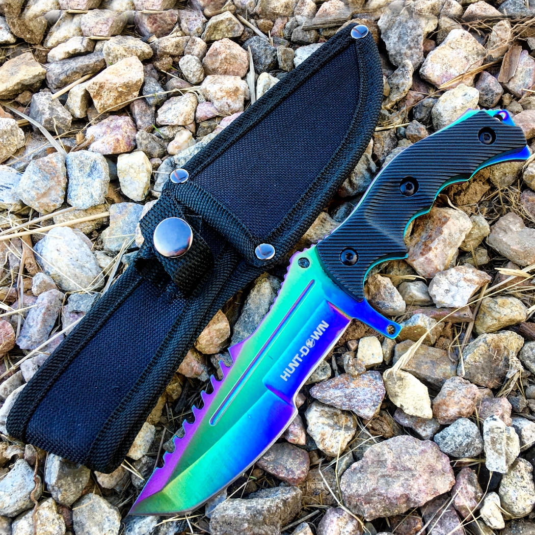 HuntDown Series 9.5' Hunting Knife Multi Rainbow Color Full Tang Blade