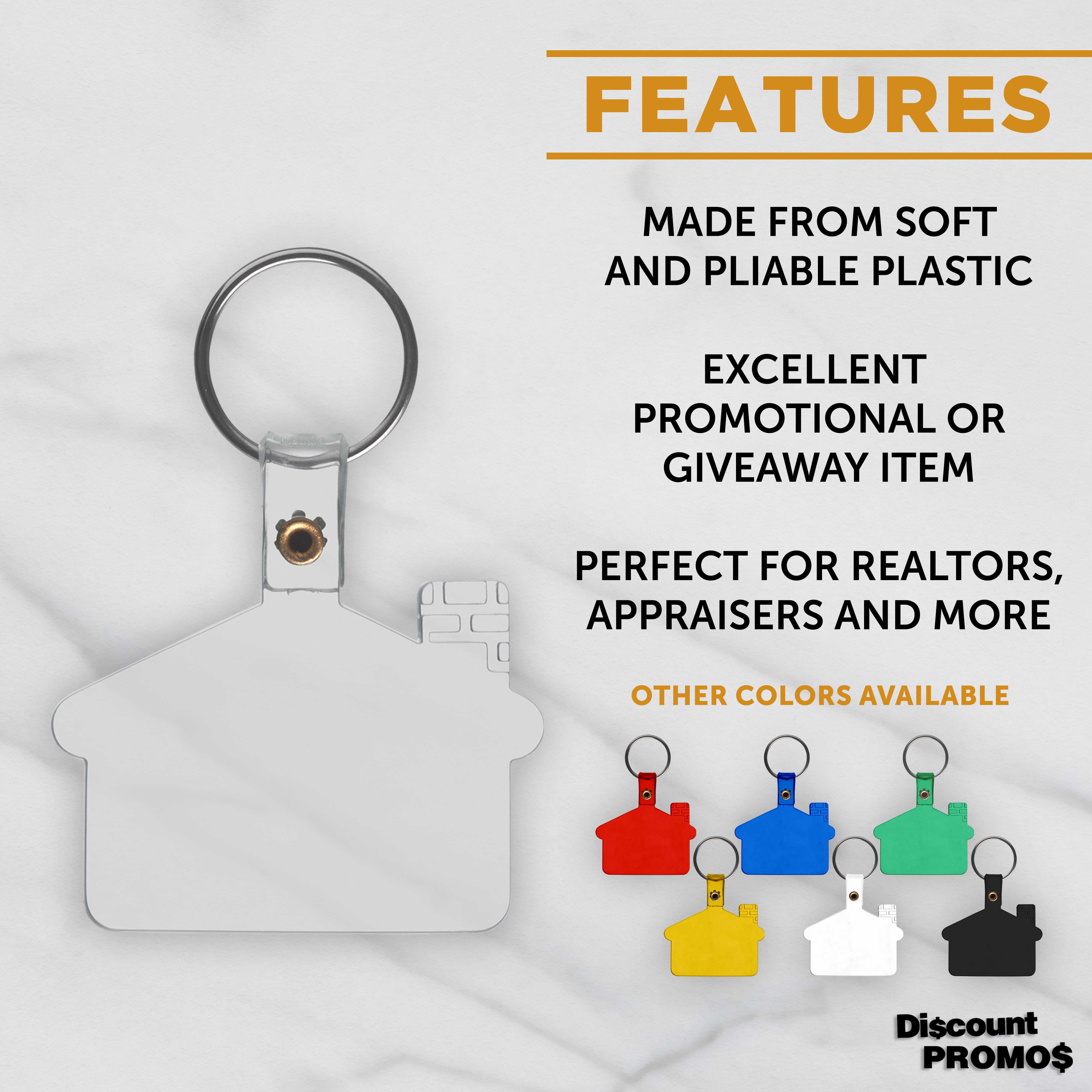 Custom House Shaped Soft Key Tags Set of 100, Personalized Bulk Pack - Perfect for Tradeshows, Party Favors, Events - Black