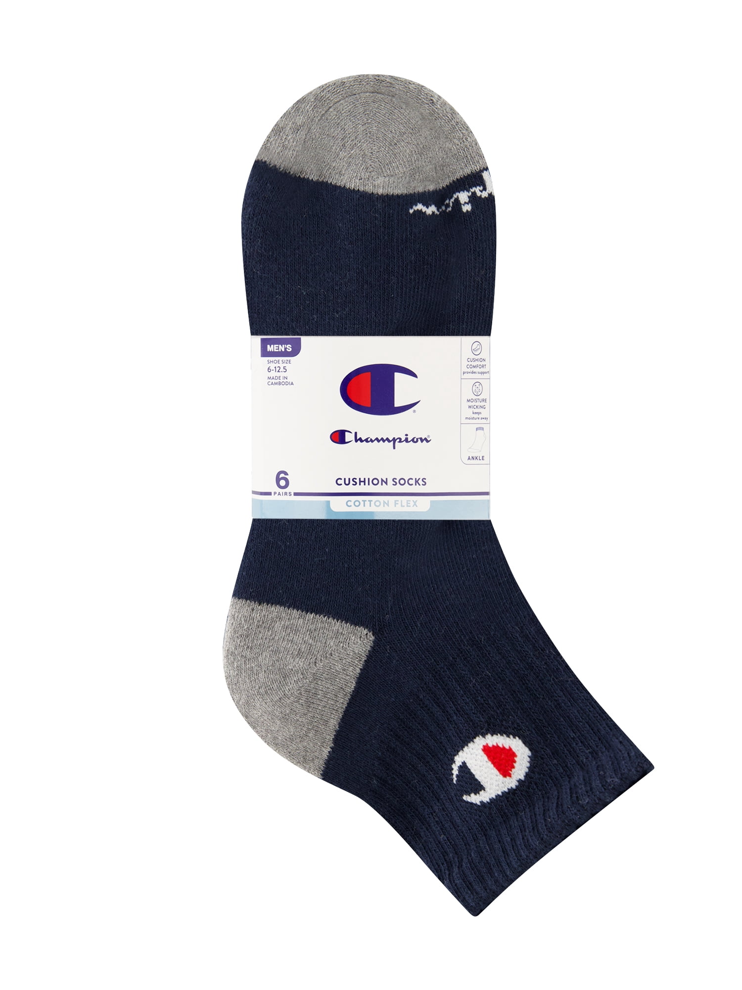 Champion Men’s Ankle Socks 6 Pack – Half Terry Cushion, Moisture-Wicking, Arch Support, Stretch Comfort, Sizes 6–12.5