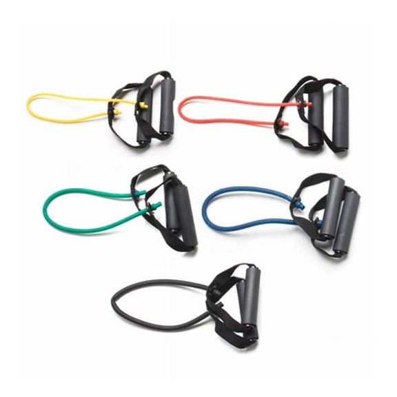 Cando Resistance Band Exercise Tubing w/ Handles - Yellow, Black (Set) -18in., 5 Fitness Cords Included
