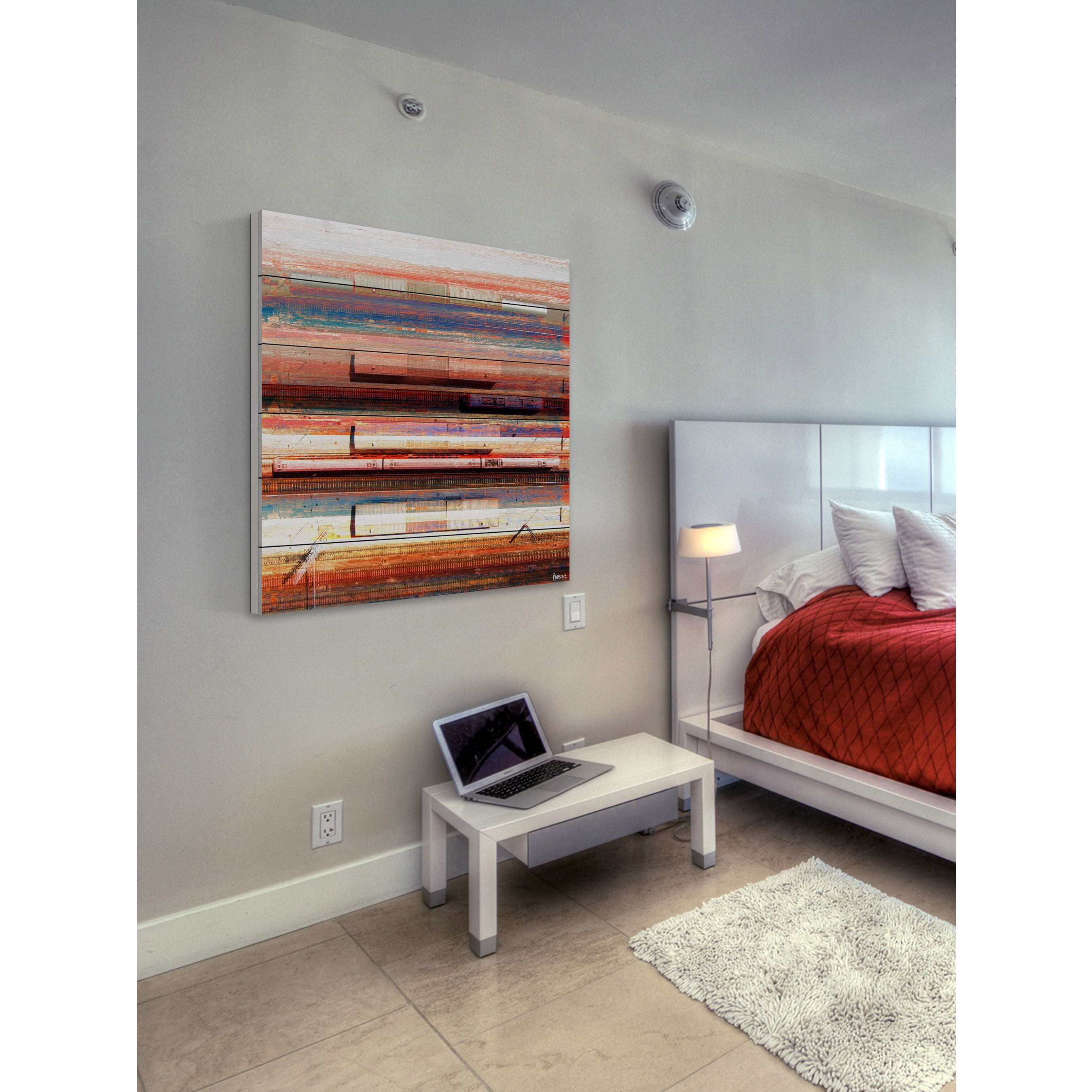 "Trains on Tracks" Painting Print on White Wood