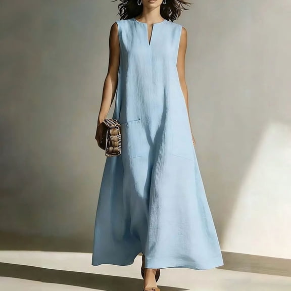 Noric Women's Cotton Sleeveless Maxi Dresses Casual V-Neck Loose Fit A-Line with Pockets Spring Summer Dresses